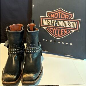 Harley Davidson, distressed black harness boots. With metal accents